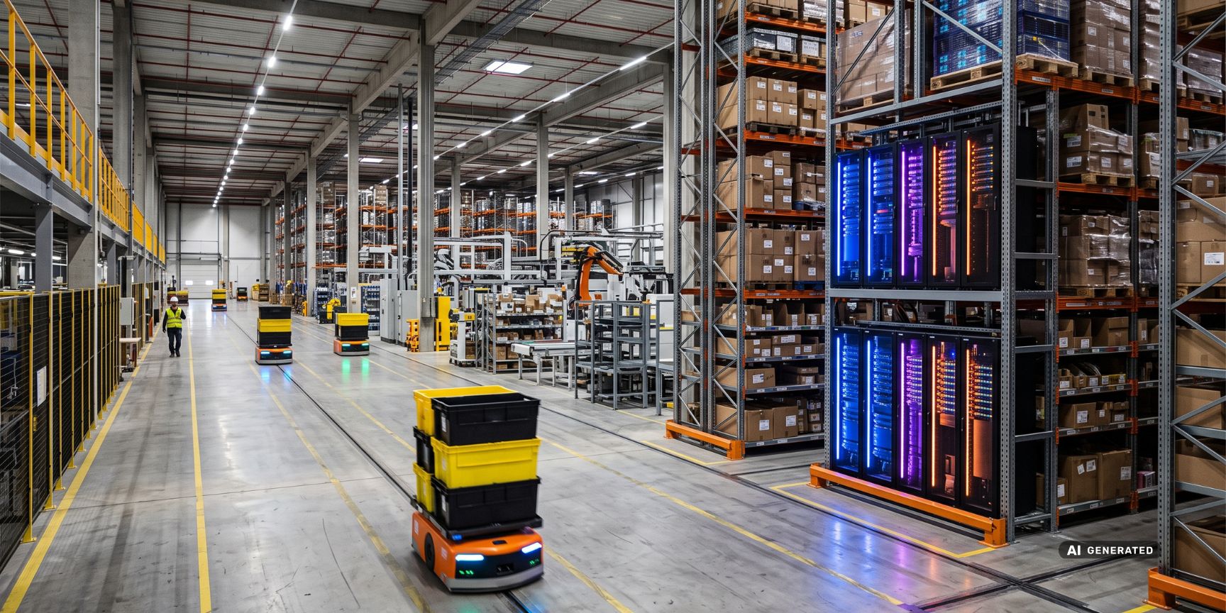 Interior view of a modern logistics hall with automated robots and servers that visualizes IT dependency and vendor lock-in.